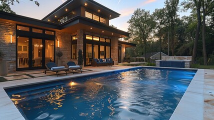Poster - A rectangular blue fiberglass swimming pool sits in the backyard in the evening on a clear. Generative AI.