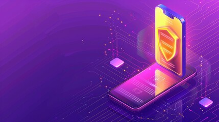 Poster - An isometric modern representing an online security guarantee. Smartphone, yellow shield guarding personal information, purple background with digital data stream, landing page.