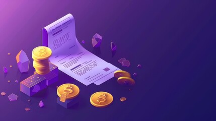 Credit card, paper check or receipt and golden coins isolated on ultraviolet background, landing page for mobile application.