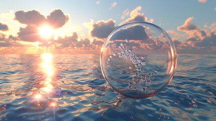 Wall Mural - A clear bubble floating in the ocean with the sun setting in the background