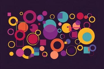 Fototapete - abstract flat vector background with colorful circles and squares on a dark purple, simple shapes