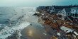 Aerial view of a coastal area devastated by a severe storm surge, showing destroyed homes and scattered debris along the beach.
