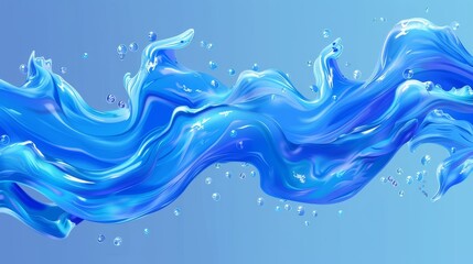 Poster - A realistic modern illustration of a flowing water stream and air bubbles. Blue transparent liquid flow with air bubbles.