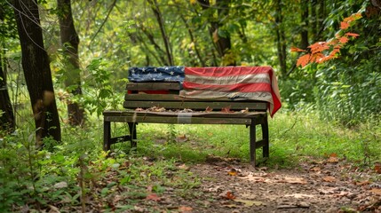 American flag draped over a park bench in a national park, capturing the peace and unity of nature's journey across the U.S