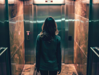 A woman stands in a dark, empty elevator