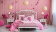 Home decor. Cozy Pink Bedroom. Room decorated with all furniture and accessories in pink. Interior decoration.