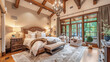 interior of a bedroom. Timeless Sophistication: Master Bedroom Design with Wood Beams and Chandelier