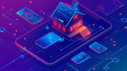 Poster - Internet of things technology banner. Modern landing page of a house control system with an alarm flasher and security monitoring icon.