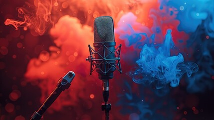 Aufkleber - Microphone on dark background with blue and red smoke for podcast or studio music recording. The smoke appears in the style of blue and red. Generative AI.