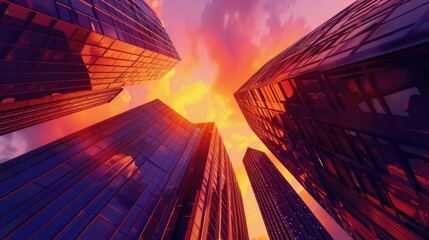 Wall Mural - Building Sunset. Abstract City Skyline with Skyscraper at Sunset