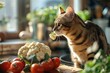 Curious Cat Sniffs Fresh Herbs on Kitchen Counter Generative AI