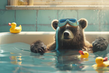 A Bear Wearing A Snorkel And Goggles, Floating In A Rubber Duck-filled Bathtub.