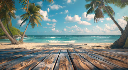 Aufkleber - A tranquil scene of a wooden table overlooking coconut palm trees swaying gently in the ocean breeze, capturing the essence of summer holidays. Generative AI.