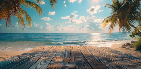 Aufkleber - A tranquil scene of a wooden table overlooking coconut palm trees swaying gently in the ocean breeze, capturing the essence of summer holidays. Generative AI.