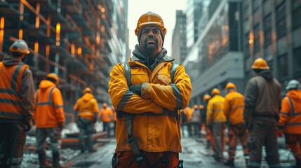 Poster - A foreman surrounded on both sides by a group of similar construction workers at construction site. Generative AI.