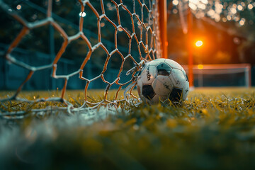 Wall Mural - Closeup of a soccer ball in a goal, on a green grass field with a net and background. Football sport concept. sunny day. wide angle lens with natural lighting.