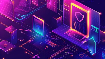 Poster - SSL certificate banner, concept of internet security, data encryption protocol. Modern landing page with isometric illustration of browser with shield on computer screen.