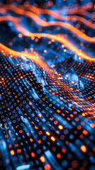 Poster - Glowing data binary code background with digital particles and orange lights