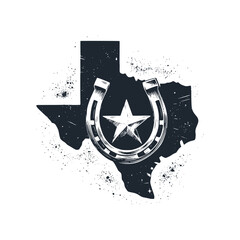 Sticker - The Texas map with lone star and horse shoes. Black white vector illustration