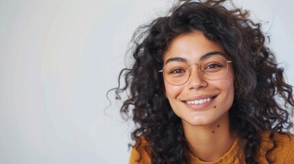 Wall Mural - Woman Blank Background. Portrait of Happy Young Woman against White Copy Space Wall