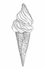 Ice cream in waffle cone in one continuous line drawing. Symbol dessert gelato for menu and business card design in simple linear style.
