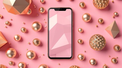 Poster - On pink background with gold pearls, abstract design with smartphone mockup in round frame, geometric 3D shapes such as hemisphere, octahedron, sphere, cone, cylinder and icosahedron.
