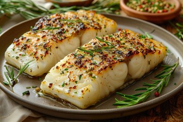 Baked halibut fillet on kitchen table plate professional advertising food photography