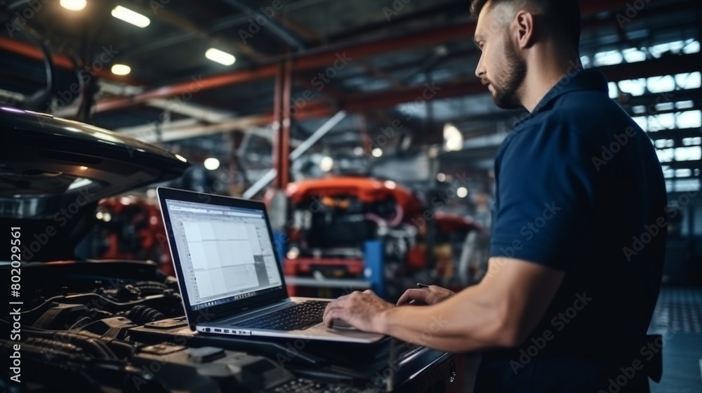 Computer diagnostics. An automotive mechanical technician using laptop ...