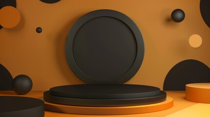 Poster - Detailed modern mockup of circular platform with 3D circles, spheres, and square shapes. Objects can be displayed on the pedestal.