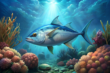 Wall Mural - skipjack  tuna fish surrounded by beautiful coral