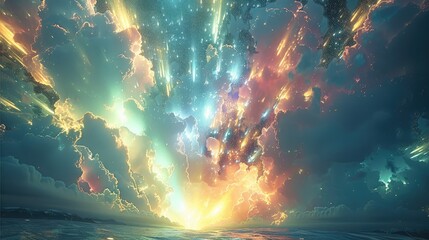 Poster - Light sky with colorful light explosions from horizontal like northern lights. Generative AI.
