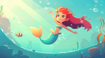 Sticker - Pretty mermaid with a little fish in the sea. Modern cartoon character, fish with red hair and tail in ocean waters with bubbles.