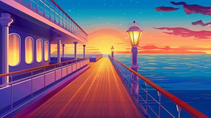 Wall Mural - Cruise liner deck or quay at sunset. Sunset seascape background on luxury sailboat in ocean or sea. Cartoon modern illustration of cruise ship.