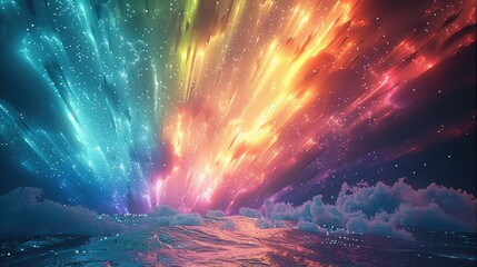 Aufkleber - Light sky with colorful light explosions from horizontal like northern lights. Generative AI.