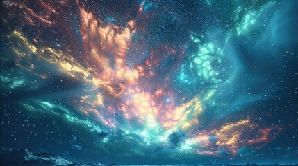 Poster - Light sky with colorful light explosions from horizontal like northern lights. Generative AI.