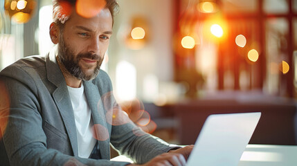 Aufkleber - Professional executive using a laptop in a bright light modern contemporary office. Generative AI.