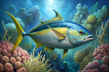 Wall Mural - yellowfin tuna fish surrounded by beautiful coral