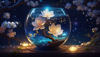 Wall Mural - 夜に煌めく感嘆すべき金魚鉢、夜桜のデザインが幻想的に存在感を程よく表すイラスト generated by AI