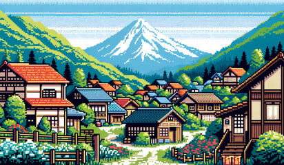 Poster - beautiful scene village with background mountain and forest pixel art illustration