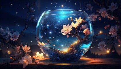 Wall Mural - 夜に煌めく感嘆すべき金魚鉢、夜桜のデザインが幻想的に存在感を程よく表すイラスト generated by AI