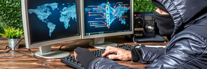 Cybercriminal at computer engaged in system hacking, illuminating dark web theme