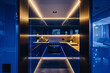 Interior view from a cupboard into a contemporary kitchen with vivid blue units and lighting.