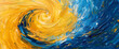 Whirls of sunflower yellow and electric blue merging and converging on a blank surface, creating an abstract landscape filled with vibrant energy and dynamic movement.