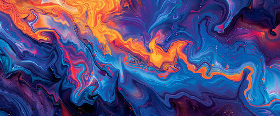 Wall Mural - Cascades of electric blue and fiery orange blend seamlessly with streaks of violet and coral, forming an intricate mosaic of color.