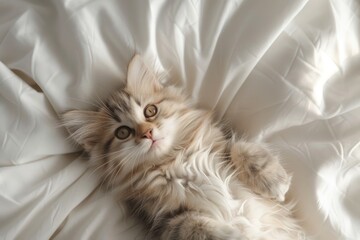 Wall Mural - Small orange kitten resting on bed