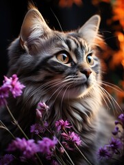 Wall Mural - A beautiful adult fluffy cat is sitting. There are purple and pink flowers around. Autumn theme. Favorite pets. Bright colorful wallpaper.