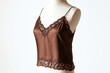 Dark brown satin woman's camisole with lace trimmings on display mannequin, women's lingerie clothing product isolated on white background. Sensual, sexy, feminine, lacy undergarment wear for ladies.