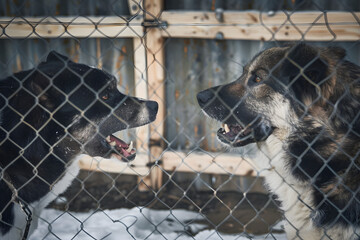 Wall Mural - two dogs, separated by a mesh enclosure, growl and bark at each other.