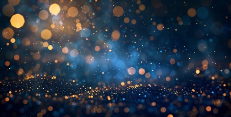Abstract blue and gold glitter background with bokeh lights, shiny particles in the air. Abstract dark blue background with golden glowing light effects
