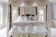 Perspective from a grand bed's foot in a master room with ivory drapes and pale purple walls.